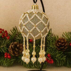 Gold Beaded Christmas Ornament with Faux Pearl Drops – Handmade